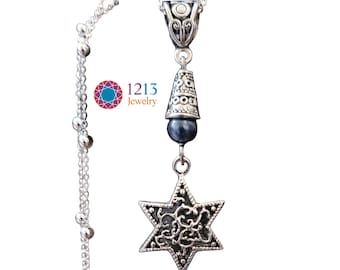 Jewish Necklace Handmade On A Sterling Silver Chain With A Dark Blue Glass Round Bead Accent