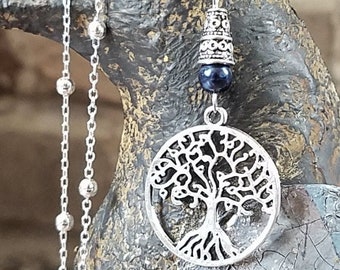 Tree Of Life Necklace Handmade On A Sterling Silver Chain With A Dark Blue Glass Round Bead Accent