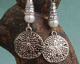 Sand Dollar Handmade Earrings with White Glass Round Accents on Stainless Steel Ear Wires