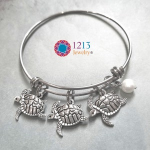 Turtle Handmade Bracelet with a Semiprecious Accent on a Stainless Steel Expandable Bangle