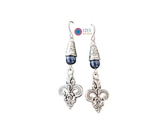 Fleur De Lis Earrings Handmade On Stainless Steel Ear Wires With Dark Blue Glass Round Bead Accents