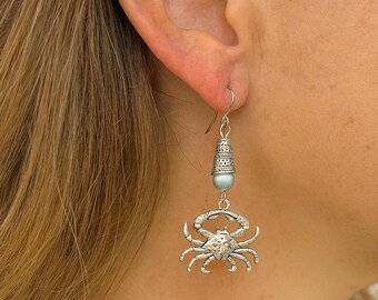 Crab Handmade Earrings with Glass Round Accents