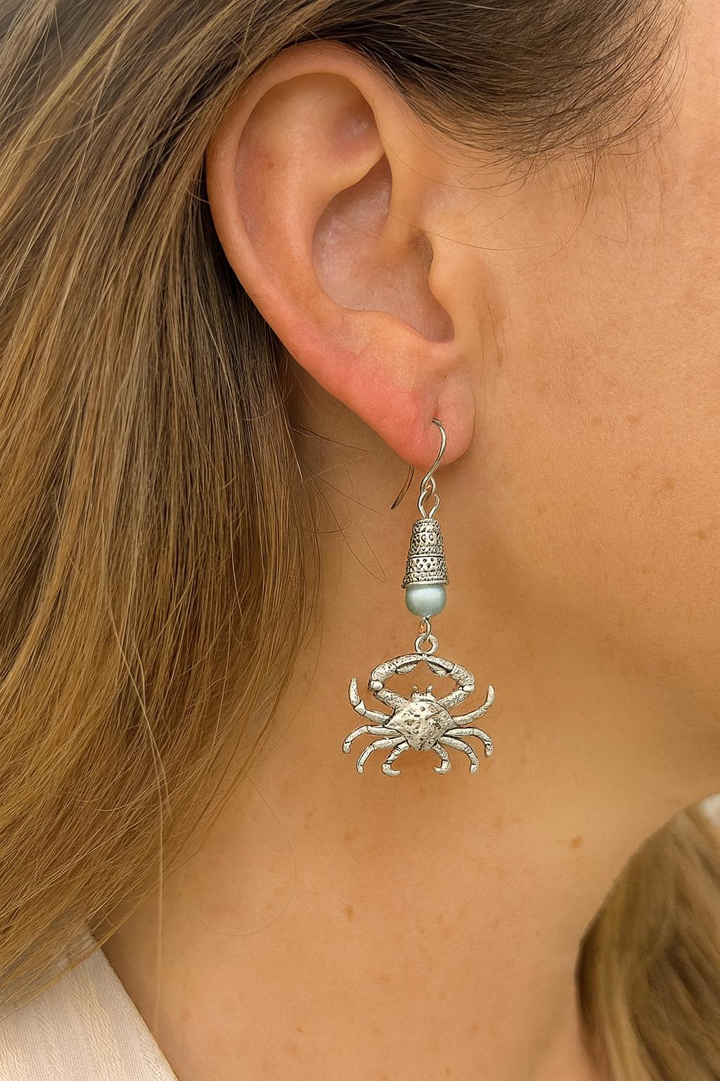 Crab Handmade Earrings with Glass Round Accents