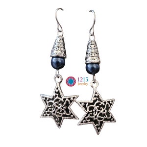 Jewish Star Of David Handmade Earrings with Blue Accent