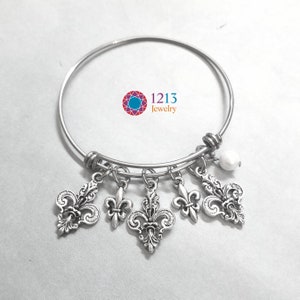 Fleur De Lis Charm Bracelet Handmade Your Choice Of A Semiprecious Stone Or Pearl Accent On An Expandable Stainless Steel Bangle image 4