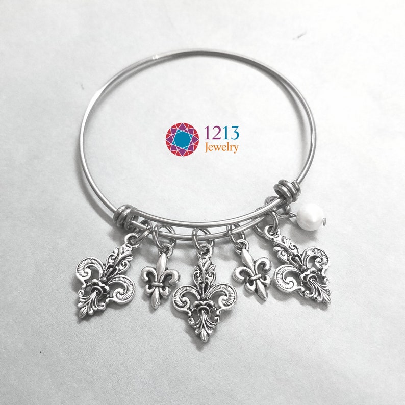 Fleur De Lis Charm Bracelet Handmade Your Choice Of A Semiprecious Stone Or Pearl Accent On An Expandable Stainless Steel Bangle image 4