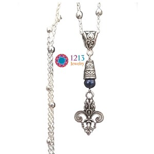 Fleur De Lis Handmade Necklace on a Sterling Silver Chain with a Dark Blue Accent