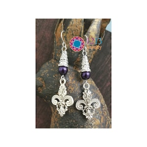 Fleur De Lis Handmade Earrings with Purple Accents