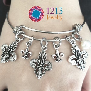 Fleur De Lis Charm Bracelet Handmade Your Choice Of A Semiprecious Stone Or Pearl Accent On An Expandable Stainless Steel Bangle image 1