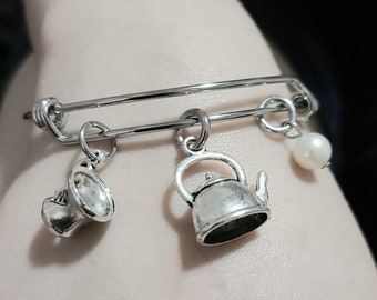 Teapot And Tea Cup Bracelet Handmade Semiprecious Stone Or Pearl Stainless Steel Expandable