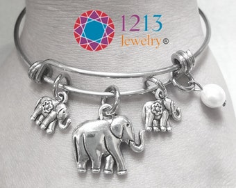 Elephant Charm Bracelet Handmade Your Choice Of A Semiprecious Stone Or Pearl Accent On A Stainless Steel Expandable Bangle