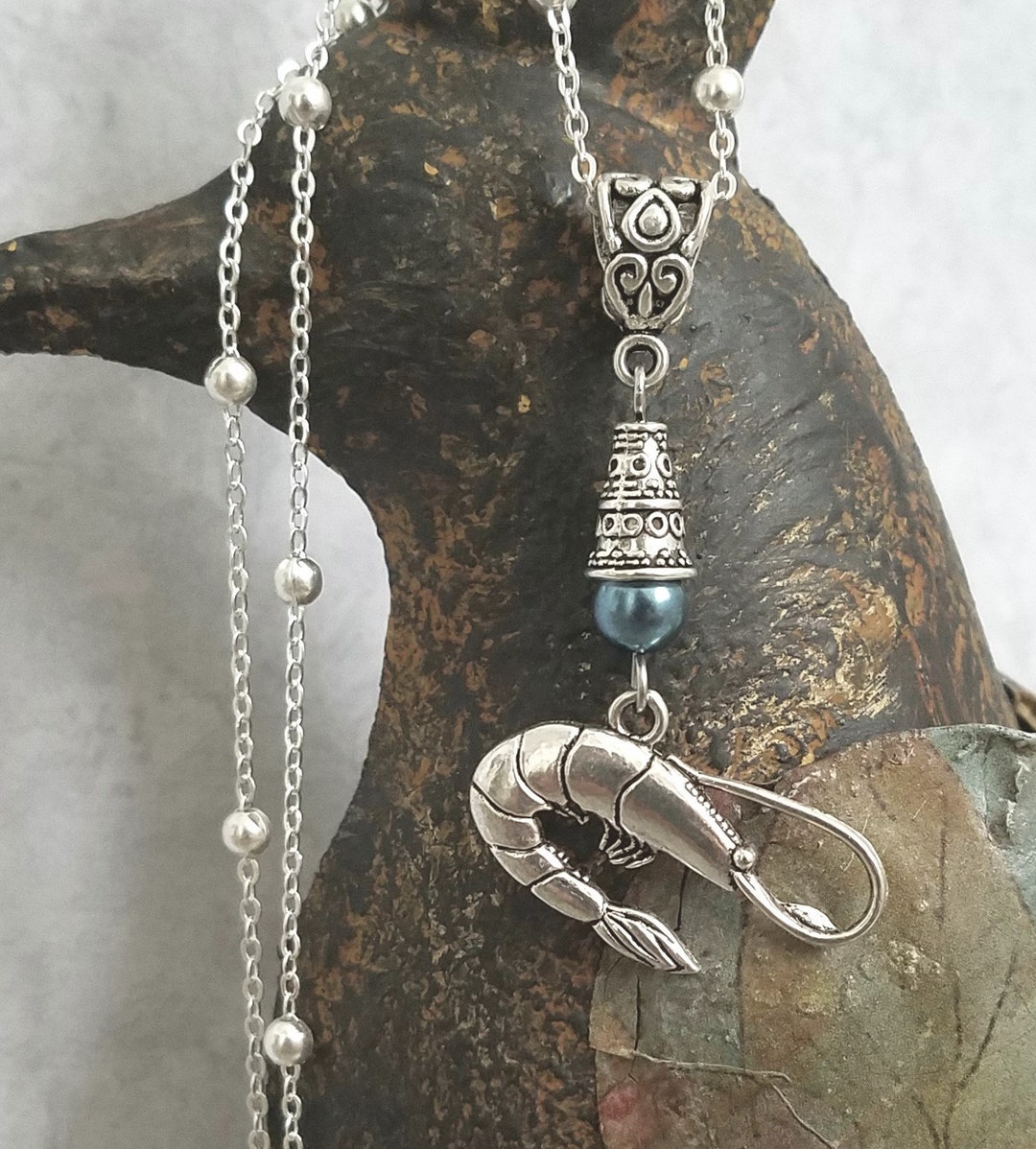 Sterling Silver Chain Handmade Shrimp Charm Necklace Muted Etsy