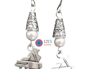 Piano Handmade Charm Earrings On Stainless Steel Ear Wires White Glass Round Bead Accent