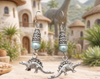 Dinosaur Handmade Earrings with a Turquoise Glass Round Accent