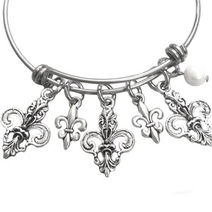 Fleur De Lis Charm Bracelet Handmade Your Choice Of A Semiprecious Stone Or Pearl Accent On An Expandable Stainless Steel Bangle image 8