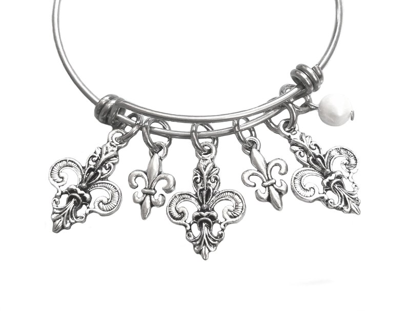 Fleur De Lis Charm Bracelet Handmade Your Choice Of A Semiprecious Stone Or Pearl Accent On An Expandable Stainless Steel Bangle image 8