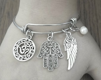 Om Hamsa Wing Charm Bracelet Handmade Your Choice Of A Semiprecious Stone Or Pearl Accent On A Stainless Steel Expandable Bangle