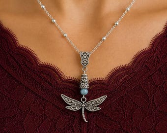 Dragonfly Handmade Semiprecious Necklace on a Sterling Silver Chain