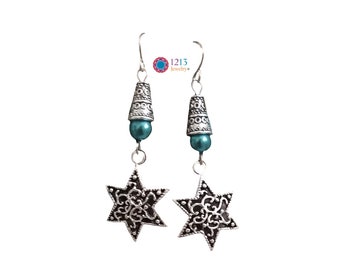 Jewish Star Of David Earrings Handmade On Stainless Steel Ear Wires With Dark Green Glass Round Bead Accents