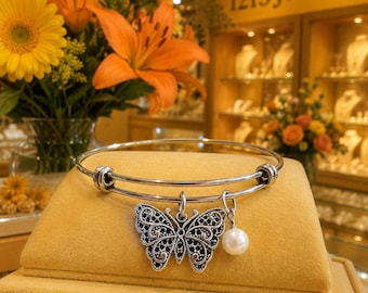 Butterfly Semiprecious Expandable Handmade Charm Bracelet