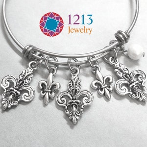 Fleur De Lis Charm Bracelet Handmade Your Choice Of A Semiprecious Stone Or Pearl Accent On An Expandable Stainless Steel Bangle image 7