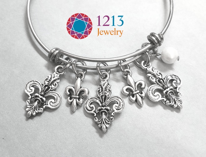 Fleur De Lis Charm Bracelet Handmade Your Choice Of A Semiprecious Stone Or Pearl Accent On An Expandable Stainless Steel Bangle image 7