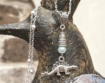 Dinosaur Necklace Handmade On A Sterling Silver Chain With A Turquoise Glass Round Bead Accent
