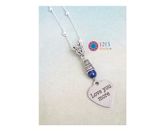 Love You More Necklace Handmade On Sterling Silver Chain Blue Glass Round Bead Accent