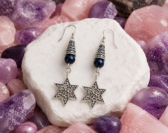Jewish Star Of David Handmade Earrings with Blue Glass Round Accents