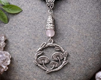 Mushroom Rose Quartz Handmade Ribbon Necklace