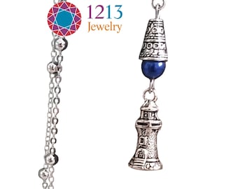 Lighthouse Handmade Necklace on a Sterling Silver Chain with Dark Blue Glass Round Accent