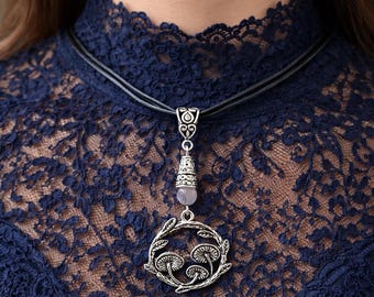 Mushroom Rose Quartz Handmade Ribbon Necklace