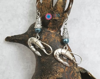 Shrimp Handmade Earrings with Muted Blue Glass Round Accents on Stainless Steel Ear Wires