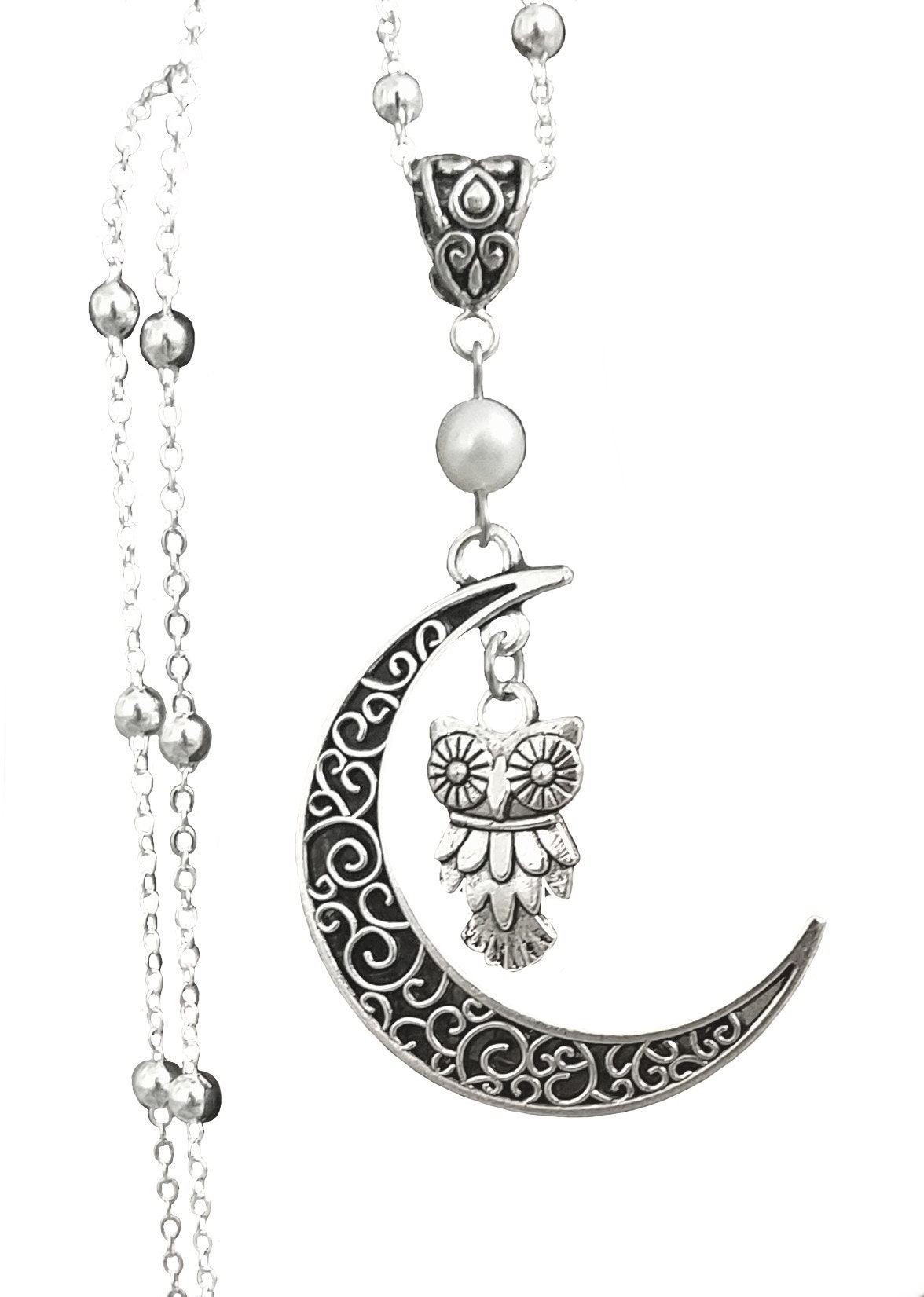 Owl Crescent Pearl Handmade Necklace on a Sterling Silver Chain