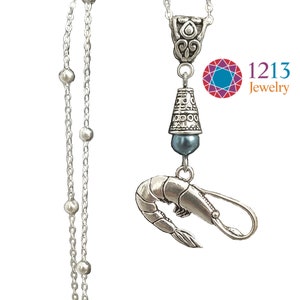 Shrimp Handmade Necklace on a Sterling Silver Chain with a Muted Blue Glass Round Accent