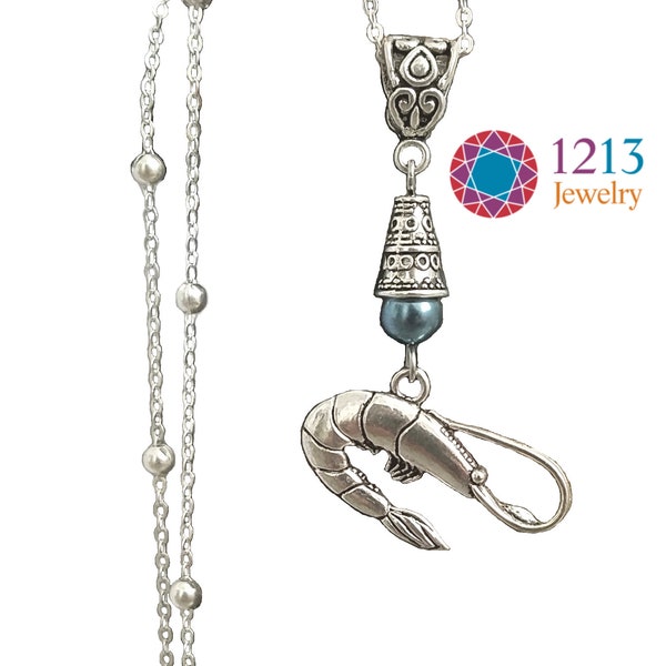 Shrimp Necklace Handmade On A Sterling Silver Chain With A Muted Blue Glass Round Bead Accent