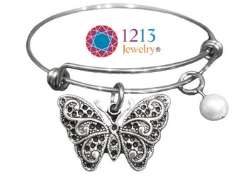 Butterfly Bracelet Handmade Your Choice Of A Semiprecious Stone Or Pearl Accent On A Stainless Steel Expandable Bangle