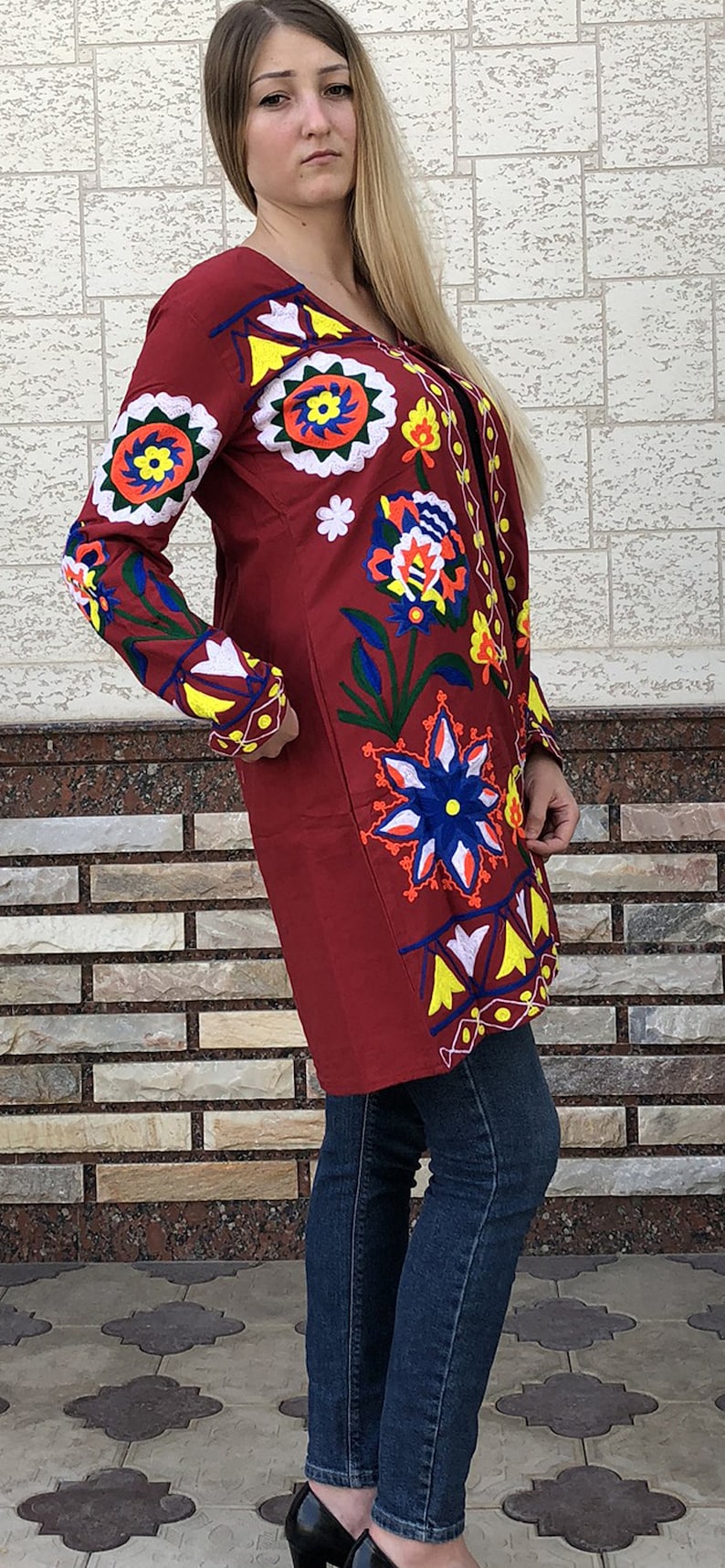Women Boho Embroidery Uzbek Indian Bohemian Blazer Kimono Red Robe Jacket Hand Made Natural fabrics Cotton Silk Bridesmaid Robes