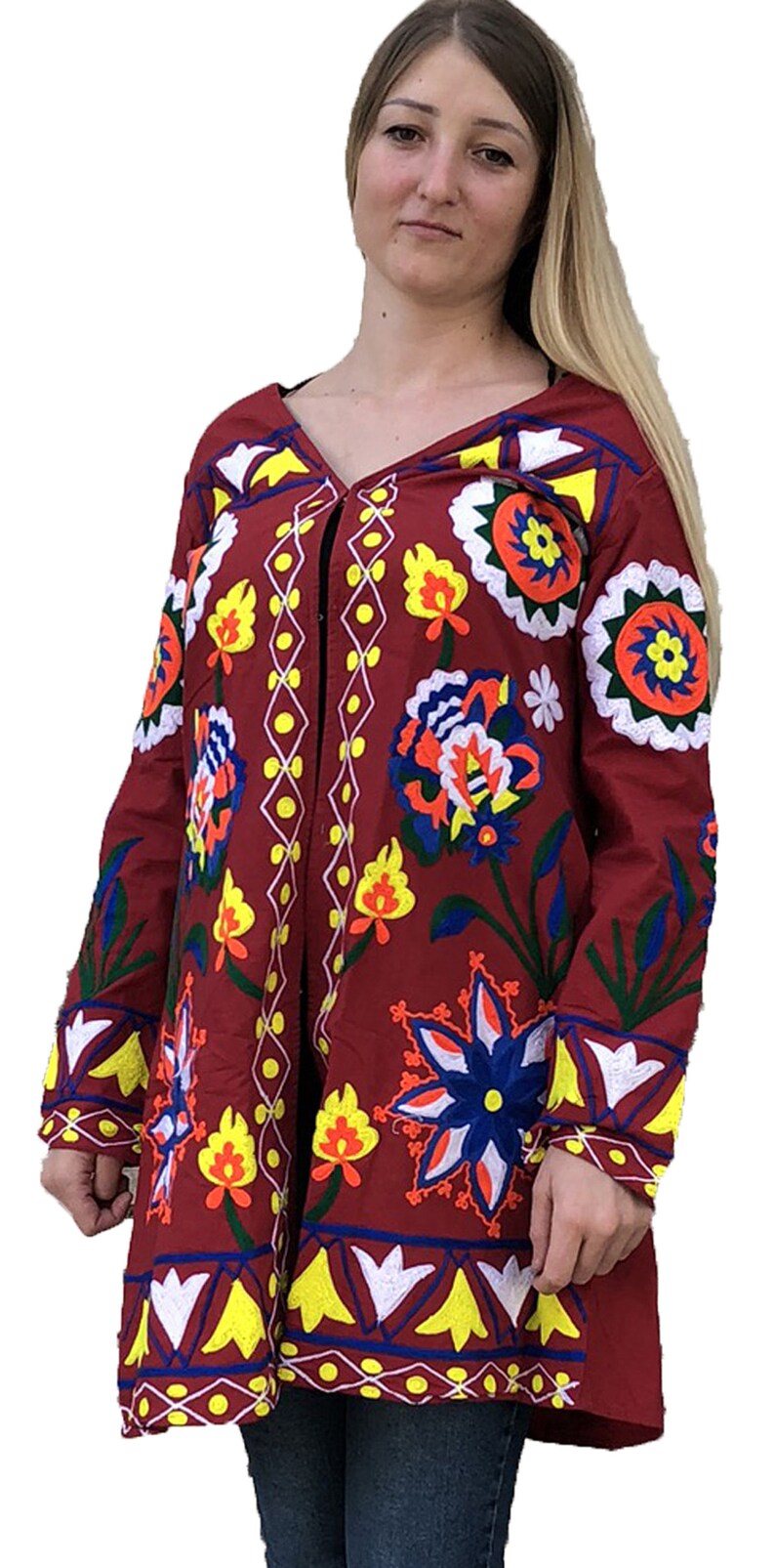 Women Boho Embroidery Uzbek Indian Bohemian Blazer Kimono Red Robe Jacket Hand Made Natural fabrics Cotton Silk Bridesmaid Robes