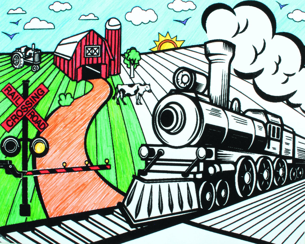 Steam Train Farm and Mountain Velvet Coloring Posters 