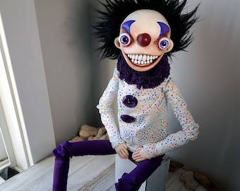 Creepy Clown Doll, Scary Clown Figurine, Halloween Home Decor, Ooak Handmade Art Doll, Evil Puppet, Horror Clown Collectible, Halloween Art