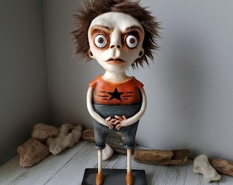 Original Character Doll Handmade Art Sculpture, Grumpy Boy Figurine Unique Artist Made Doll, One-Of-A-Kind Creative Sculpture For Home Decor