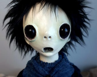 Gothic Boy Doll, OOAK Handmade Art Doll, Artist-Made Original Character, Creepy Decorative Sculpture Bookshelf Art, Weird Alternative Gift