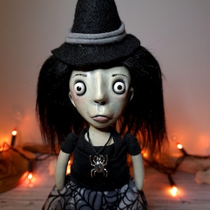 Halloween Witch Doll, OOAK Spooky Cute Handmade Figurine, Creepy Cute Art for Halloween Decor, Shelf Mantle Witch Sculpture, Moody Misfits