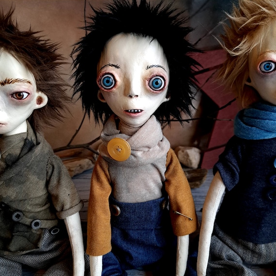 OOAK Art Doll Collectible, Spooky Sweet Boy Doll, Handmade Fabric