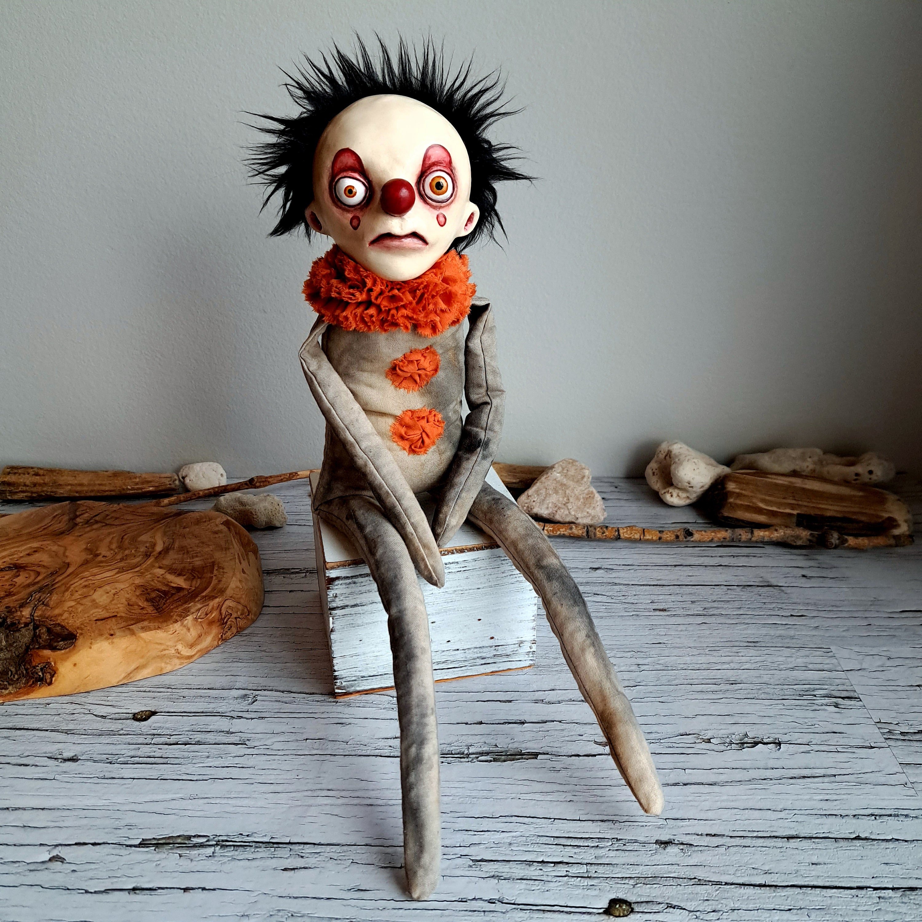 10 Inch Clown Doll - Spooky Halloween Decoration In Orange & Royal Blue Colors