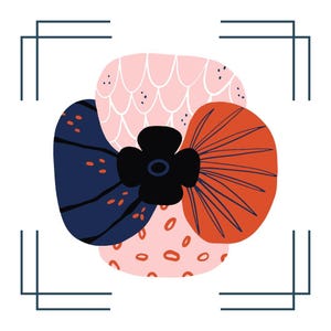 May include: Abstract floral design with a black flower at the center, surrounded by shapes in navy blue, coral, and pink. The pink shapes have white and orange details. The design is framed by dark teal corner brackets on a white background.