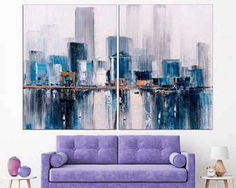 Blue Gray Abstract Canvas Wall Art: Modern Skyline Painting