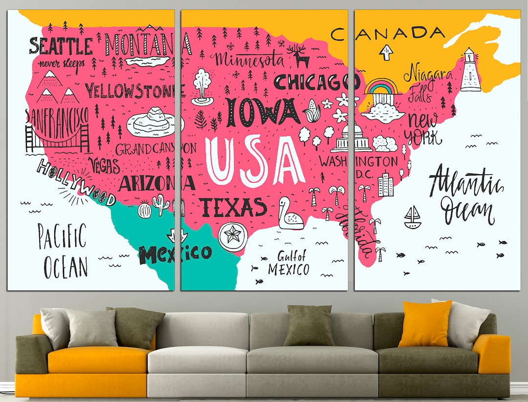 United States Map USA Map Canvas United States Print, USA Map Poster