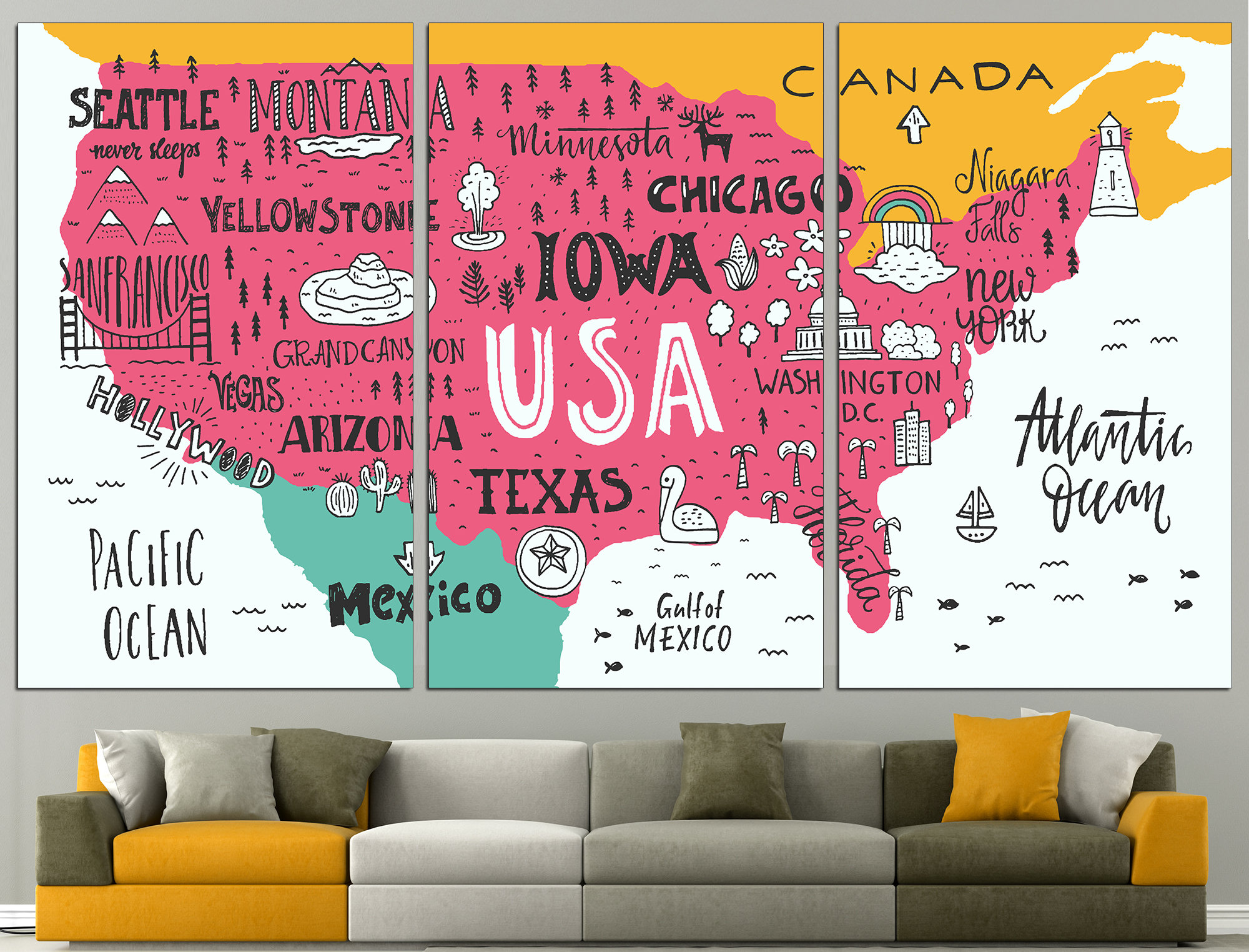 United States Map USA Map Canvas United States Print USA Map Etsy